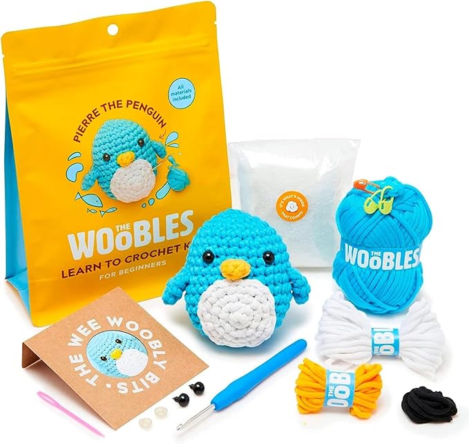 The Woobles Crochet Kit for Beginners - Pierre The Penguin | As seen on Shark Tank, Kit includes: Easy Peasy Yarn, pre-started piece, hook, safety eyes, stuffing, video tutorials, gift
