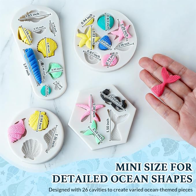 HKNMTT Marine Themed Silicone Mold for Polymer Clay Fondant, Seashell Mermaid Tail Starfish Ocean Seahorse Air Dry Clay Craft Cake Decor Wax Melt Chocolate Candy Mould DIY Cupcake Toppers BPA Free