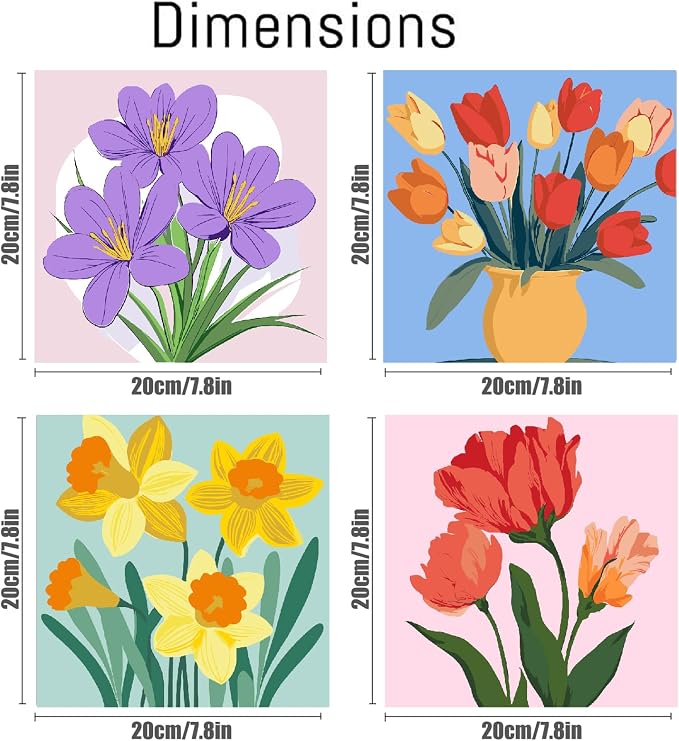 Canrichshop 4-Pack Framed Flowers Paint by Numbers Kit for Adults Beginner & All Ages 8-12 and More,Oil Painting by Numbers for Kids, DIY Number Paint Decor Present 8X 8 inch