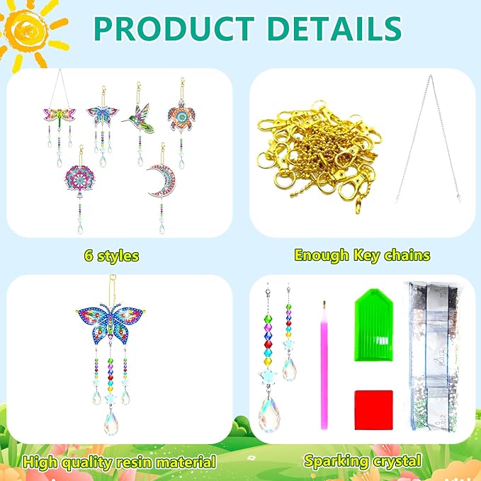 6 Pcs Diamond Painting Suncatchers Double Sided Diamond Art Suncatcher Mandala 5D DIY Diamond Painting Wind Chimes Paint by Number Diamond Art Kits for Adults Hanging Ornaments