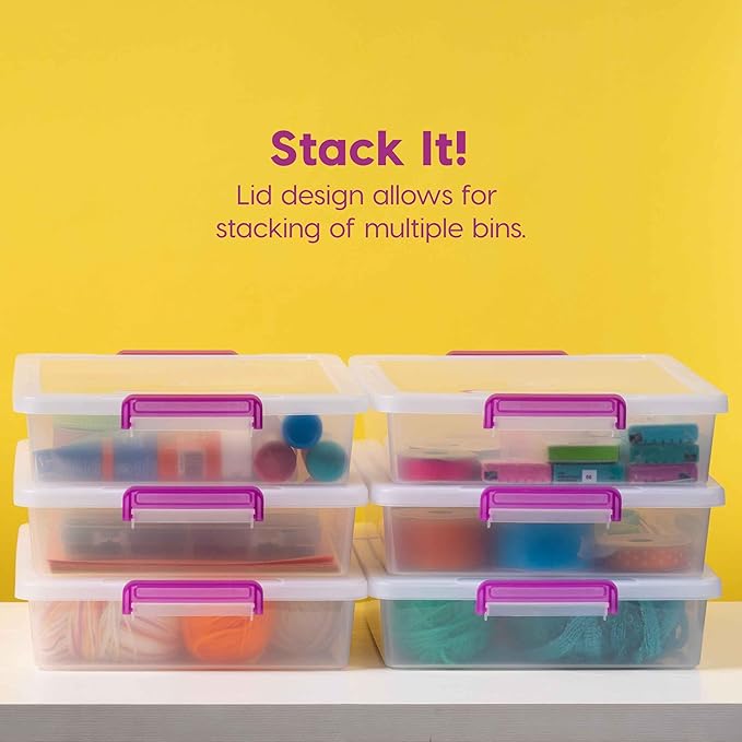 IRIS USA Storage Bins with Lids |Made in USA| 6 Qt - (6-Pack) - Clear | Plastic Containers for Crafts, Art, Office & Study Supplies / Secure Latch Buckles