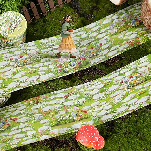 4 Rolls Grassland Lawn PET Tape Stickers for Journaling Scrapbook Washitape Flower Grass Pebble Path PET Washi Tape Set Green Plants Landscape Decorative Washi Tapes Scrapbooking Journal Supplies
