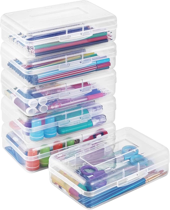 Sooez Plastic Pencil Case Box 6 Pack, Large Crayon Maker Pen Organizer