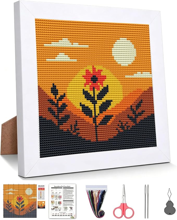 Sunset Floral Landscape Stamped Cross Stitch Kits for Adults with Framed | Flowers Needlepoint Counted Cross Stitch Kits for Beginners Adults with Framed Embroidery Kits Arts and Crafts 6 x 6 inch