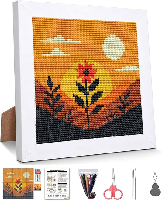Sunset Floral Landscape Stamped Cross Stitch Kits for Adults with Framed | Flowers Needlepoint Counted Cross Stitch Kits for Beginners Adults with Framed Embroidery Kits Arts and Crafts 6 x 6 inch