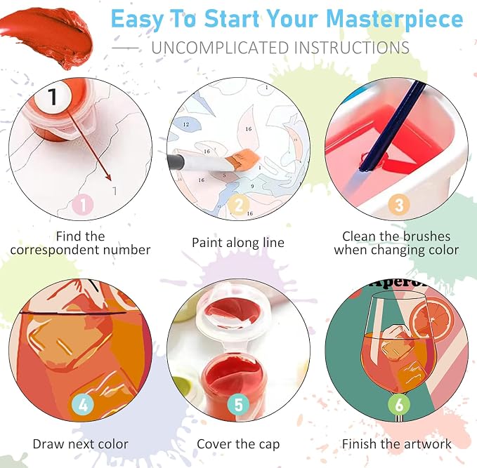 4 Pack Framed Paint by Numbers Kit for Adults with Wooden Easel, 8x12 Inch | Retro Cocktail, Easy DIY Acrylic Canvas Craft Kit with Frame for Beginners, Home Decor, Stress Relief Relaxing Hobby Gift