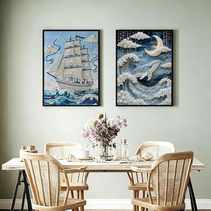 4 Packs Pearl Diamond Painting Kits for Adults Waves Sailboats 12 x 16 inch | Sea Wave Design, Diamond Art by Numbers, Special Shape Pearl Dots, DIY, Home Wall Decor
