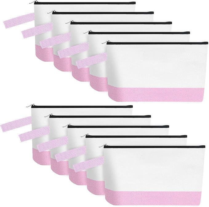 10 Pieces Cotton Canvas Makeup Bag with Bottom and Strap, Multi-Purpose Cosmetic Bag with Zipper Travel Toiletry Pouch, Blank DIY Craft Bag (White&Pink, XS)