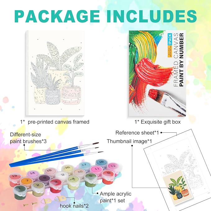 GEEHEIY Framed Paint by Numbers Kit for Adults, Potted Plants, 8 x 12 Inch | DIY Adult Paint by Number Kit for Beginners, Botanical Wall Decor, Stress Relief Craft Gift, Creative Hobby