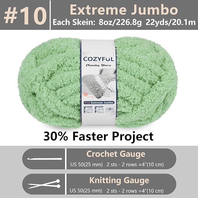 Cozyful Chunky Yarn for Hand Knitting - #10 Chunky Chenille Yarn, Jumbo Big Thick Chunky Yarns for Crocheting, Super Bulky Chunky Knit Blanket Yarns, 8 Skein (22 yds 8 oz Each Skein), Soft Sage Green