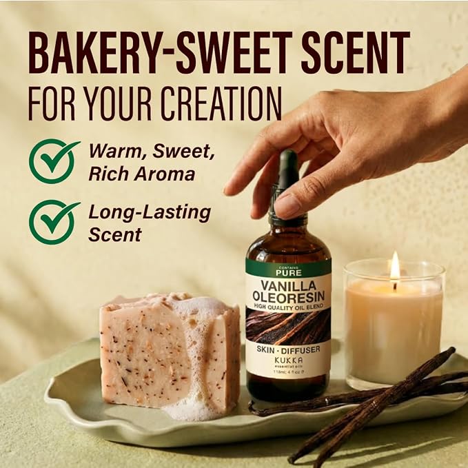 Kukka 100% Pure Vanilla Essential Oil for Skin, Diffuser, 4 Fl Oz | Vanilla Oleoresin, Long Lasting Scent for Diffuser, Aromatherapy, Perfume, Body and Massage Blends, Non-GMO, 118 mL