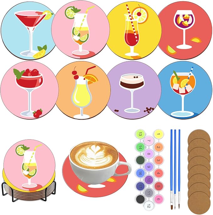 8 Pack Drinks Paint by Numbers Kits Coasters with Holder Cork Pads | Cocktail Paint by Number Kits for Adult Simple Round Oil Painting Coaster for Small DIY Craft Holiday Birthday Gift 3.9x3.9in