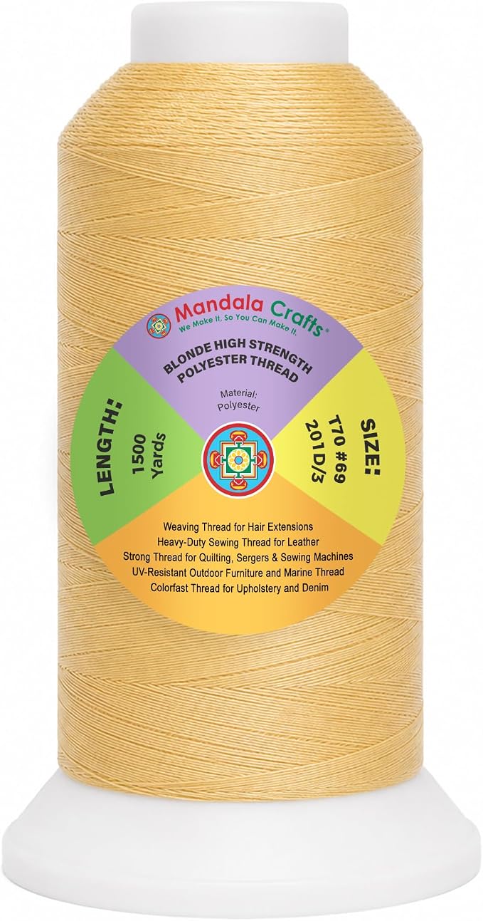 Mandala Crafts Blonde Tex 70 Polyester Heavy Duty Thread for Upholstery | 1500 Yds T70 UV Resistant Strong Thread for Leather Sewing, Marine, Drapery, Jeans, Hair Weaving & Extension, Outdoor