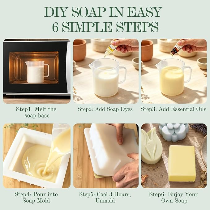 Soap Making Kit for Adults & Beginners Complete Soap Making Supplies | 3.3lb Glycerin Soap Base, 3 Dyes & Essential Oils, 3 Silicone Molds, Soap Cutter & Gift Packaging, Handmade Soap Crafts Kits
