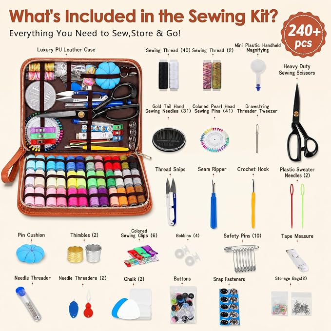 Hoarecal Sewing Kit for Adults, 241 Pcs Upgraded Needle and Thread Kit Hand Travel Sewing Supplies Repair Kits for Home Dorm College Beginners - Christmas Gifts for Mom Grandma