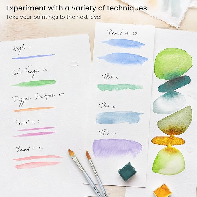 ARTEZA Watercolor Brush Set of 12, Synthetic Hair, Round & Flat Brushes for Watercolor, Acrylic, Gouache, Art Supplies for Adults, Beginners & Artists