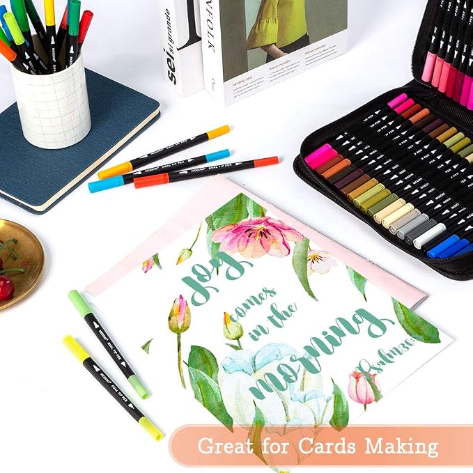 Dual Brush Art Marker Pens, 60 Colors Markers for Adult Coloring Books | No Bleeding Quick-Drying Pens, Fineliner & Brush Pen for Journaling, Calligraphy, Drawing, Sketching