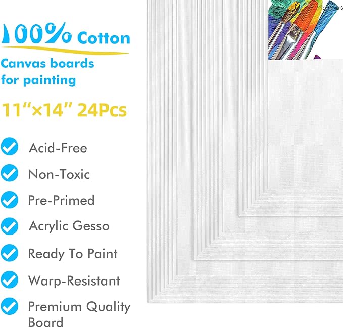 Gotideal Canvas Boards for Painting, 24pcs 11x14 Primed Canvas for Painting | Bulk Painting Canvas for Kids and Adults, White Blank Canvas Panels for Acrylic, Oil, Pour Art Supplies