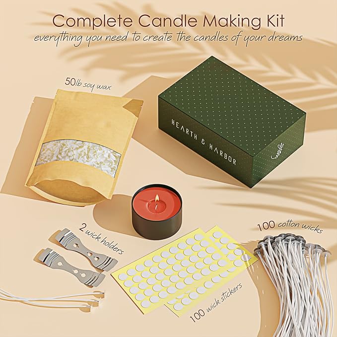 Hearth & Harbor Soy Candle Wax for Candle Making, Natural Soy Wax for Candle Making 50 lb Bag with Supplies, 100 Cotton Candle Wicks, 100 Wick Stickers, 2 Centering Devices - 50 Pounds Soy Wax Flakes