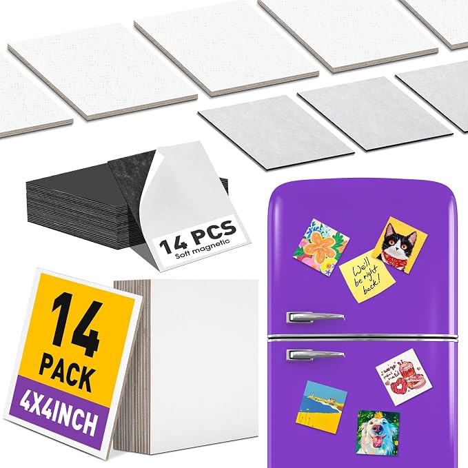 ESRICH 14 Pack 4x4IN Mini Magnetic Canvas Panels, Small Canvases for Painting for Oil, Watercolor, Acrylic Painting & DIY Crafts with 14PCS 4x4IN Square Flat Canvas Boards, 14PCS Soft Magnets
