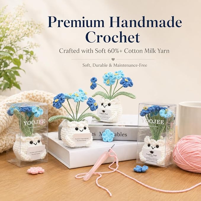 Handmade Crochet Forget Me Not Flower Pot Sympathy Gifts for Loss | Grief Support Gift, PET gift box, Meaningful Blue Forget Me Not Flower, Memorial Gift, Home & Desk Decor Gift Idea
