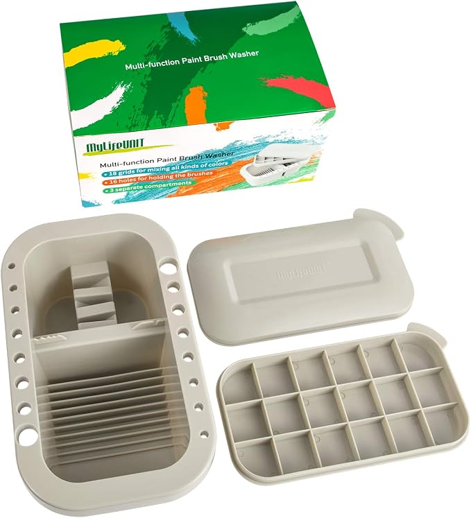 MyLifeUNIT Paint Brush Cleaner, Paint Brush Holder with Palette, Grey | 18 mixing wells, 16 slots fitting 0.24-0.63 in diameters, 3 washing compartments, removable tray lid