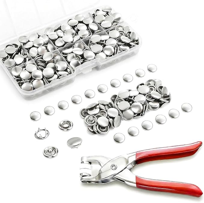 GOLDDUO 9.5mm Metal Snap Button Set, Including Pliers, 100 Sets (400 Pieces) of no-Seam snap Buttons, Solid Silver, Suitable for Baby Clothing, Sewing, and DIY Fabric Crafts.