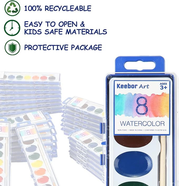 Keebor Washable Watercolor Paint Set, 36 Pack, 8 Colors with Paint Brush