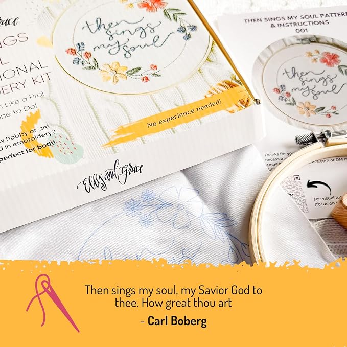 Elly & Grace Christian Embroidery Kit with Embroidery Hoop, Easy Embroidery Kit for Beginners and Adults, Full Embroidery Hoop Kit with Needles and Thread Included (Then Sings My Soul)