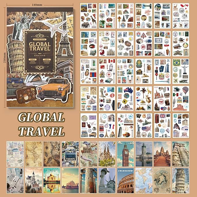 Prstincol Vintage Aesthetic Washi Stickers and Papers for Scrapbooking, 50 Sheets Ephemera Book for Art Journaling with Retro Global Travel Theme Stickers and Decoupage Papers for Junk Journal