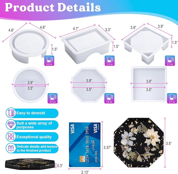 LET'S RESIN 18 Pcs Coaster Resin Molds Silicone, Coaster Molds | with Round Square Octagon Shape Holder Molds for Epoxy Resin, DIY Art Craft Cup Mats