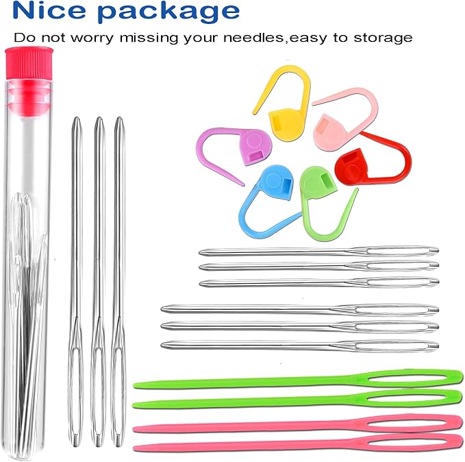 Orrdice 26 Pcs Sewing Knitting Kits, 9 Pcs Large-Eye Blunt Yarn Needles, 4 Pcs Plastic Weaving Needles,12 Pcs Colorful Knitting Crochet Locking Counter Stitch Needle, Suitable for Crochet Project