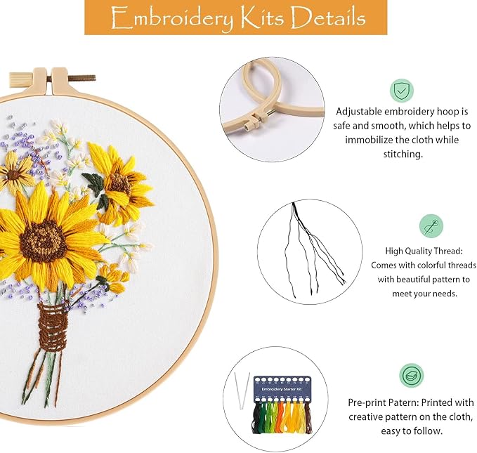 GLTAYLMY 3 Sets Embroidery Starter Kit with Pattern and Instructions, Cross Stitch Set, Stamped Embroidery Kits with 3 Embroidery Clothes with Pattern, 1 Embroidery Hoop(Sunflower)