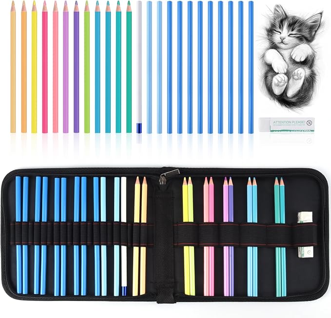 Professional Drawing Set,12 Colored Pencils,12 Graphite Pencils,Eraser,Case | Portable Travel Colored Pencil Case,Sketching Shading Blending Art Supplies,Gifts for Artists Adults Beginners.Macaron Black