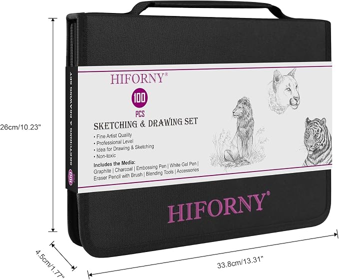 HIFORNY 100 PCS Drawing Set Sketching Kit,Sketch Pencils Art Supplies with Graphite,Charcoal,Blending Tools & Accessories,Portable Zippered Travel Case for Artists & Beginners