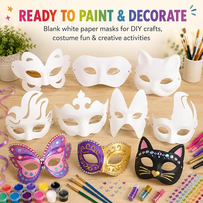 42 Pcs Blank Paper Mache Masks DIY Masquerade Masks Paintable Craft Masks | For Party, Art Projects & School Activities, Theater, Halloween, Cosplay, Couples, Mardi Gras, Half-Face Masks White 7 Styles