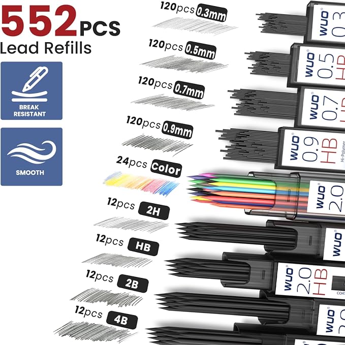 WUO Mechanical Pencil Set, 5 Pack Drafting Pencils 0.3/0.5/0.7/0.9/2.0mm