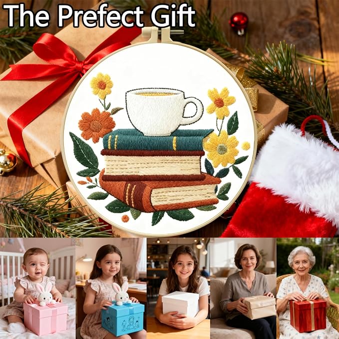 Zhenqing Book Lover Embroidery Kit for Beginners, Coffee & Books Needlework Craft with Pre-Printed Cotton Fabric, Hoop, Threads & Tools, Reading Nook Decor (C0073)