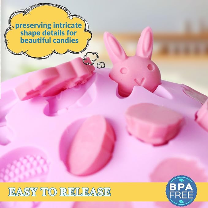 HKNMTT Easter Silicone Candy Mold 2-PACK 9 Shaped Egg Rabbit 72 Cavities Chocolate Mould Wax Melt Tray for Gummies Cupcake Decor Kids Holiday Gift Fudge Making Set