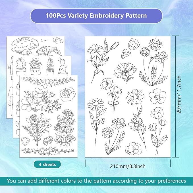 ORIGACH 4 Sheets Large Water Soluble Embroidery Patterns Stabilizers - Pre-Printed Floral, Plants, Mushroom & Bonsai Designs - Stick & Stitch Embroidery Paper for Hand Sewing Lovers