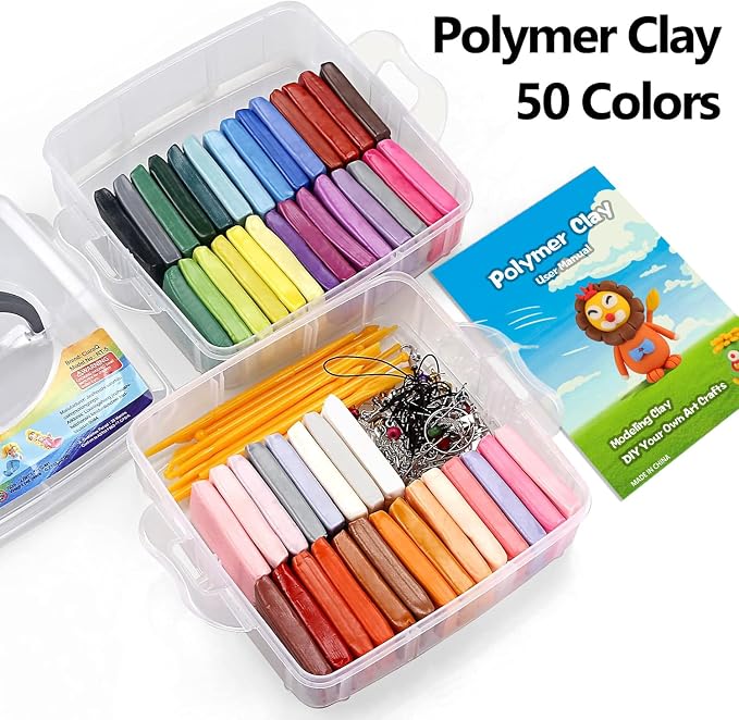 CiaraQ 50-Color Polymer Clay Oven Bake Modeling Kit | 14 sculpting tools, 2‑layer box, accessory pack, guide. Great for gifting, school, home, kids & artists.