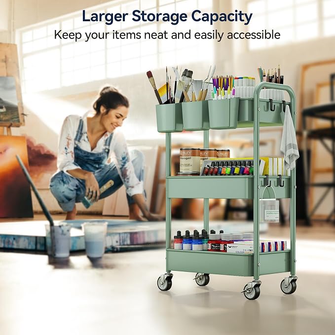 YASONIC 3-Tier Rolling Cart, Green, 66 Pounds Capacity, Mesh Storage Organizer with Lockable Wheels, 3 Hanging Cups, 4 Hooks, Easy Assembly, for Kitchen, Bathroom, Laundry, Grocery