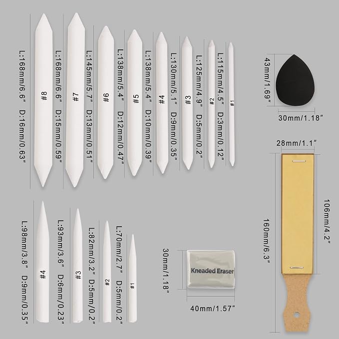 HIFORNY 38 PCS Sketch Drawing Tools - Blending Stumps and Tortillions Set Blending Tools with Art Sketch Wipe Scrapers,Rub Sponge,Kneaded Eraser and Sandpaper Sharpeners