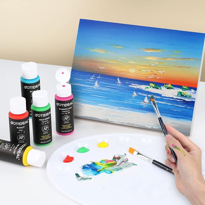 GOTIDEAL Acrylic Paint Set with 10 Brushes, 18 Colors (59ml, 2 oz) | Outdoor/Indoor Art Craft Paint, Non Toxic, for Hobby, Artist, Adults, for Canvas Wood Clay Ceramic Paint Supplies