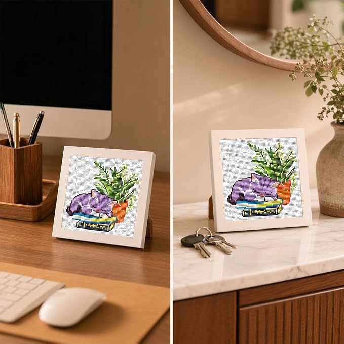 Sleepy Cat Greenery Stamped Cross Stitch Kits for Beginners with Framed | Potted Plant Needlepoint Counted Cross Stitch Kits for Adults with Framed Embroidery Kits Arts and Crafts 6 x 6 inch