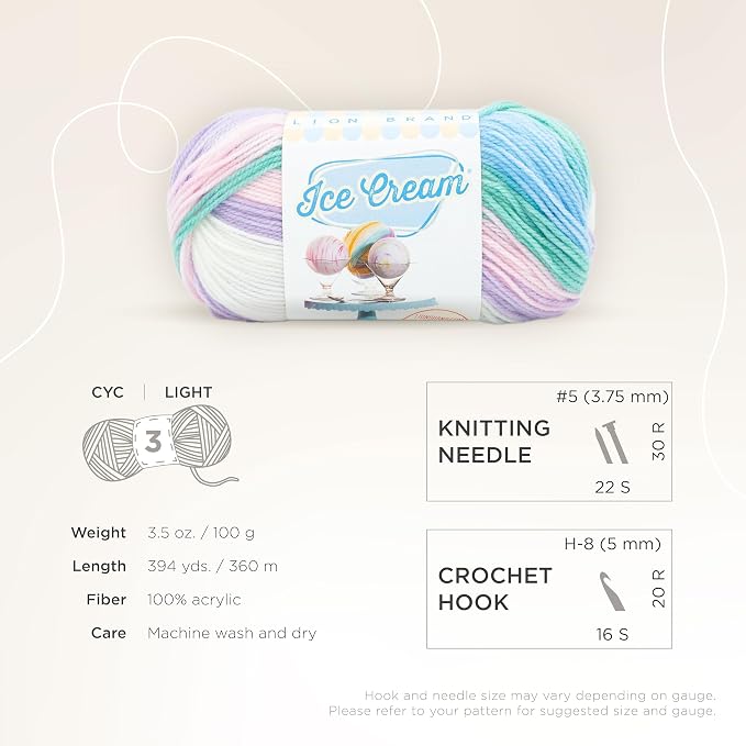 Lion Brand Yarn, Ice Cream Crochet Yarn, Love Potion, Multicolor, 1 Pack