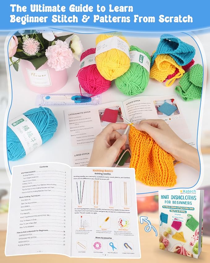 Katech Knitting Kit for Beginner, Dishcloth Kniting Starter Kit for Adults