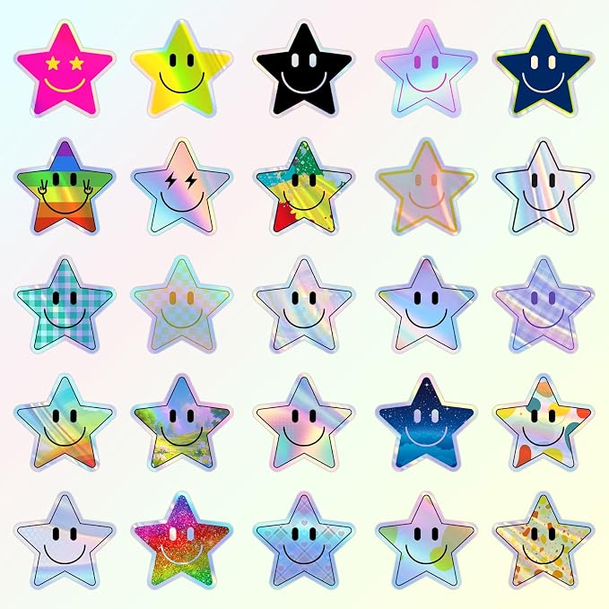 50PCS Smile Holographic Stickers, Star Stickers
