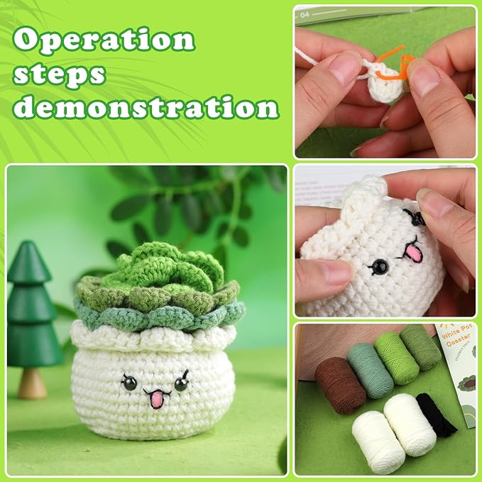FTEVEN Crochet Kit for Beginners, 3PCS Coasters Potted Plants Crochet Kit