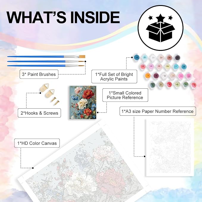 Yezavesu Flowers Paint by Numbers Kit for Adults Without Frame 16x20 in | Vintage Flowers Paint by Numbers for Adults Beginner, DIY Acrylic Painting, Stress Relief Craft Kits, Home Wall Decor Gift